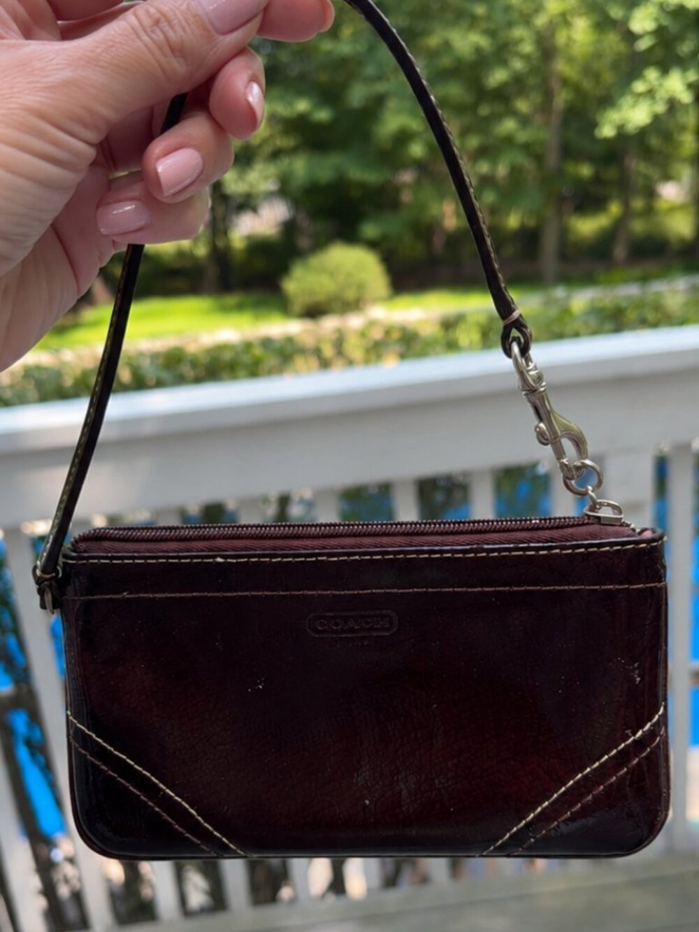 Coach Patent Leather Wristlet – Dark Brown/Burgundy